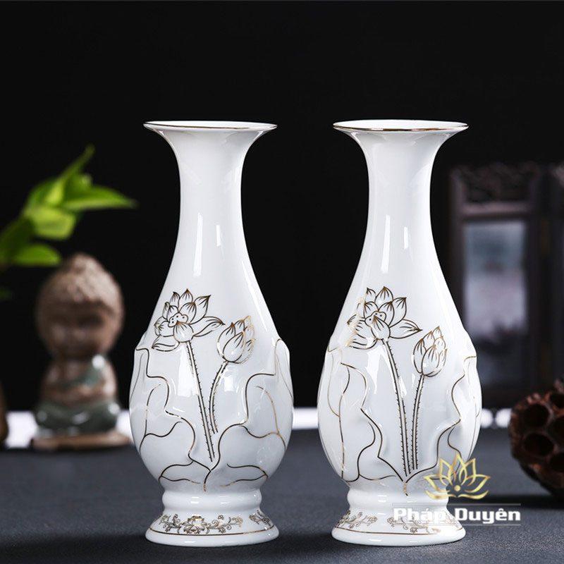 Lọ Hoa (Bình Bông) Thờ Cúng Gốm Trắng Hoa Sen Viền Vàng Dáng Thon, Cao 25cm | 30cm - Ảnh 5