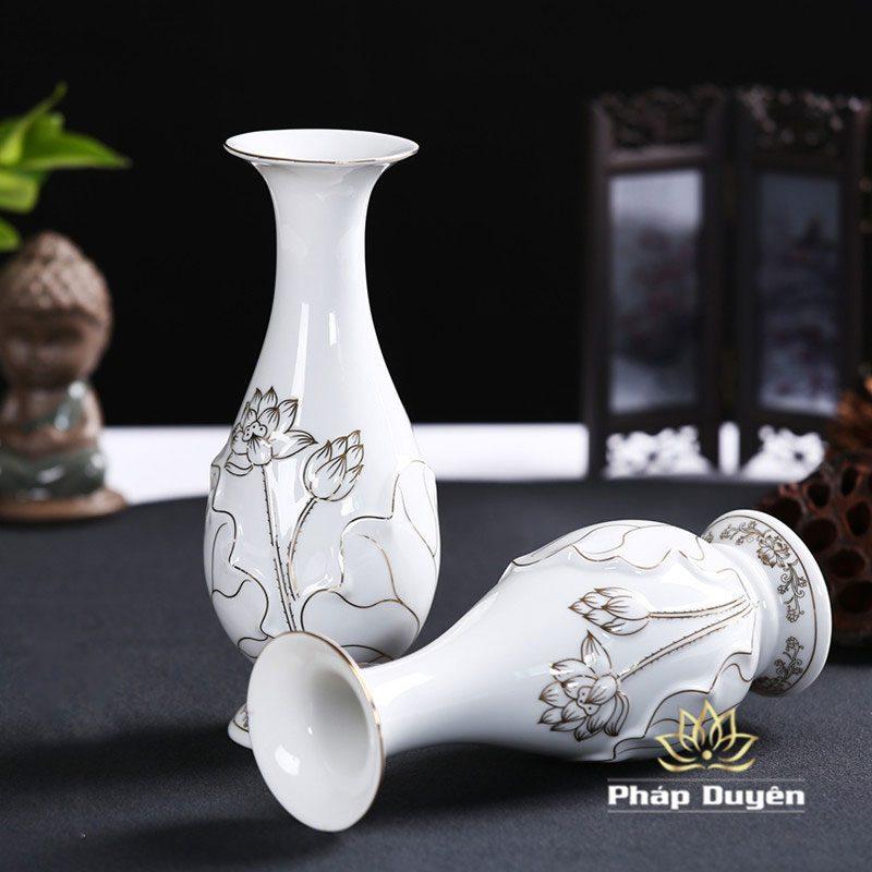 Lọ Hoa (Bình Bông) Thờ Cúng Gốm Trắng Hoa Sen Viền Vàng Dáng Thon, Cao 25cm | 30cm - Ảnh 4