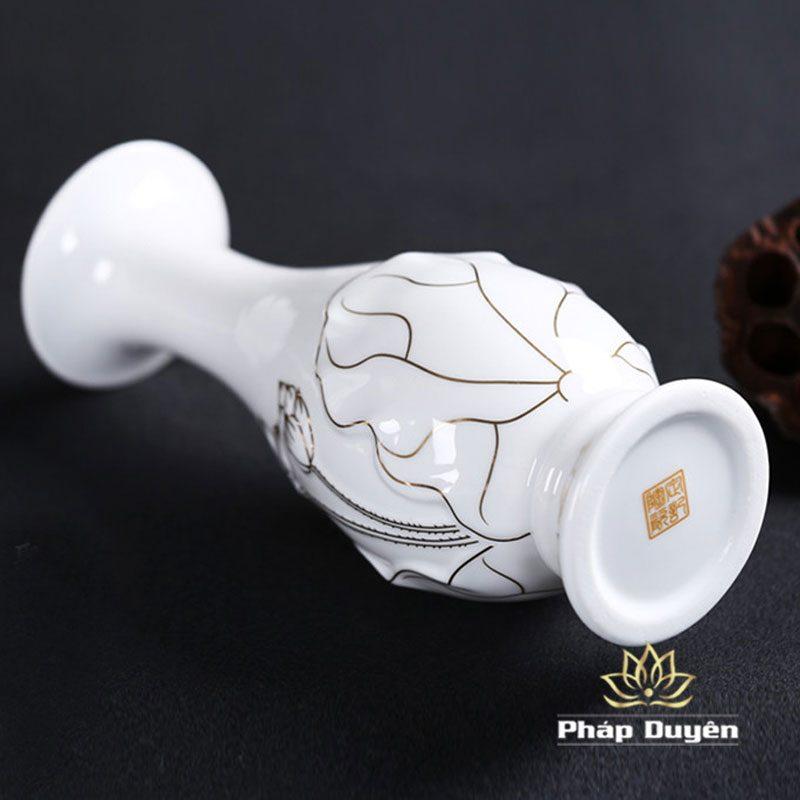 Lọ Hoa (Bình Bông) Thờ Cúng Gốm Trắng Hoa Sen Viền Vàng Dáng Thon, Cao 25cm | 30cm - Ảnh 3