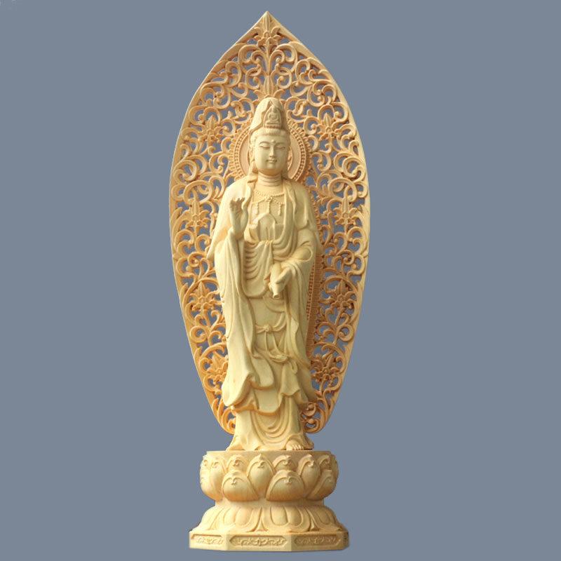 Tượng Quan Âm Đứng Bằng Gỗ Hoàng Dương Có Lá Đề, Cao 27cm
