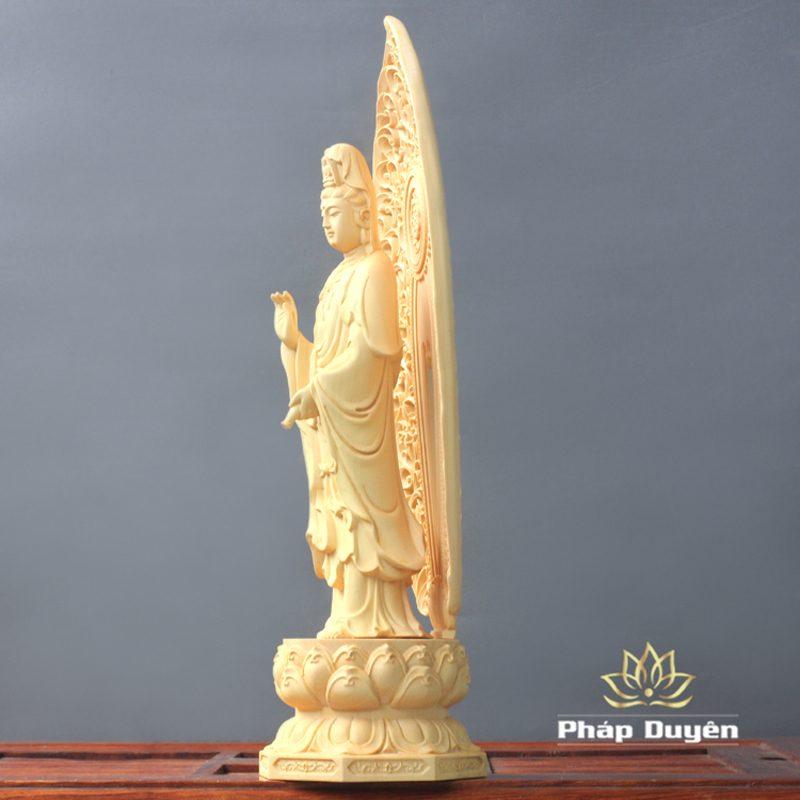 Tượng Quan Âm Đứng Bằng Gỗ Hoàng Dương Có Lá Đề, Cao 27cm - Ảnh 5