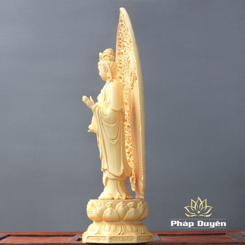 Tượng Quan Âm Đứng Bằng Gỗ Hoàng Dương Có Lá Đề, Cao 27cm - Ảnh 4