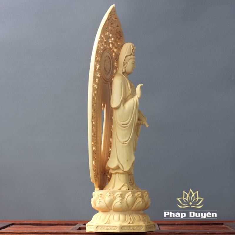 Tượng Quan Âm Đứng Bằng Gỗ Hoàng Dương Có Lá Đề, Cao 27cm - Ảnh 3