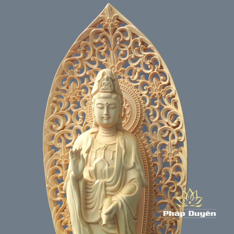 Tượng Quan Âm Đứng Bằng Gỗ Hoàng Dương Có Lá Đề, Cao 27cm - Ảnh 2
