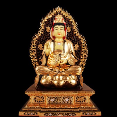 Tượng Phật Bà Quan Âm Ngồi Có Lá Đề, Đồng Đài Loan Mạ Vàng, Kích Thước 44x32x27cm (Tổng Cao 52cm)