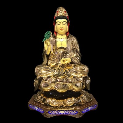 Tượng Phật Bà Quan Âm Ngồi, Đồng Đài Loan Mạ Vàng, Kích Thước 41x27x27cm