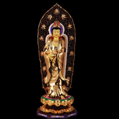 Tượng Phật Bà Quan Âm Lục Thời Đứng, Đồng Đài Loan Mạ Vàng, Kích Thước 64x27x27cm (Tổng Cao 76cm)