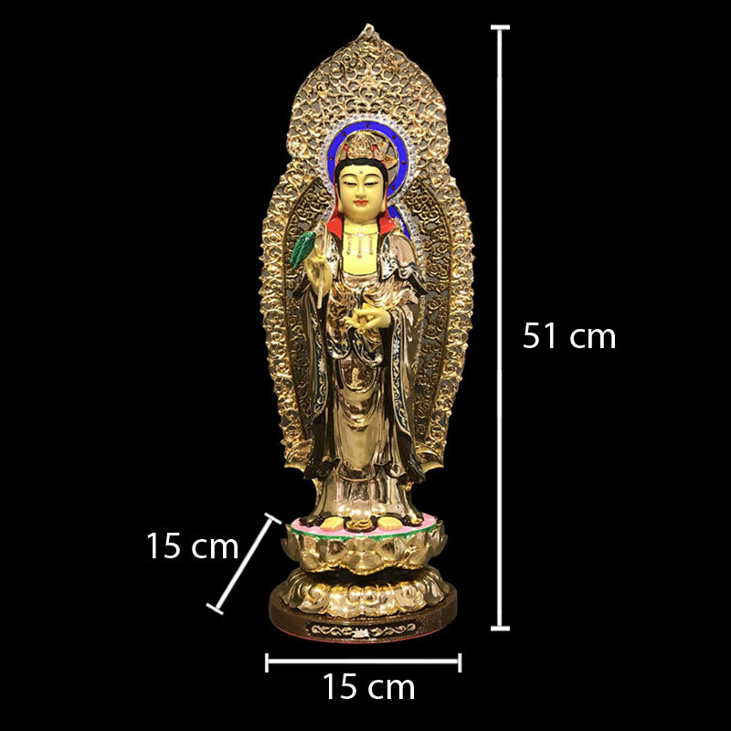 Tượng Phật Bà Quan Âm Đứng Có Hào Quang, Đồng Đài Loan Mạ Vàng, Kích Thước 40x15x15cm (Tổng Cao 51cm) - Ảnh 7