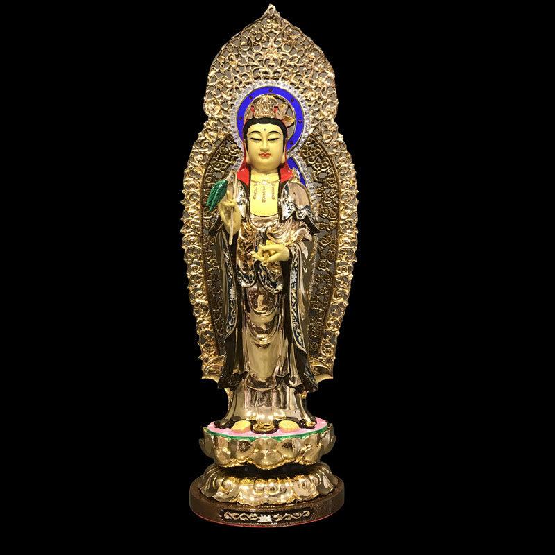 Tượng Phật Bà Quan Âm Đứng Có Hào Quang, Đồng Đài Loan Mạ Vàng, Kích Thước 40x15x15cm (Tổng Cao 51cm)