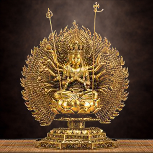Tượng Đồng Quan Âm Thiên Thủ (Ngàn Tay), Đồng Nguyên Màu, 12 inch (khoảng 30cm - Tổng 36.5cm)