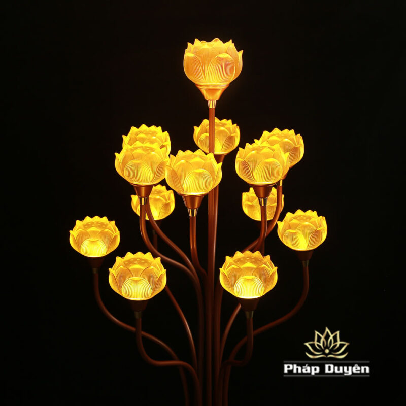 Đôi Đèn Thờ 13 Bông Giả Lưu Ly, Chân Đồng Hợp Kim, Cao 130cm - Ảnh 2