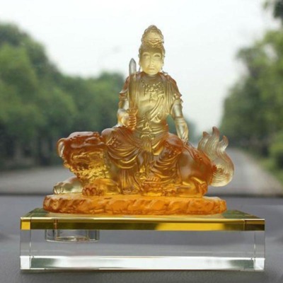 Tượng Bồ Tát Văn Thù Cưỡi Sư Tử, Chất Liệu Lưu Ly, Để Xe Hơi, Để Bàn Làm Việc, Cao 12.5cm