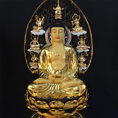 Tượng Đức Bổn Sư Thích Ca Mâu Ni Ngồi Tĩnh Tâm Bằng Đồng Mạ Vàng, Cao 52cm (Tổng Lá Đề 68cm), Chiều Ngang 36cm