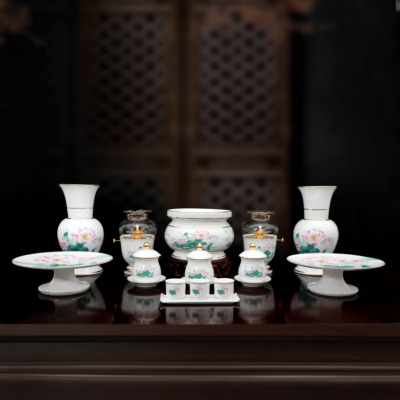 Bộ Thờ Sứ Trắng Hoa Sen Hồng Lá Xanh, Nhiều Kích Cỡ