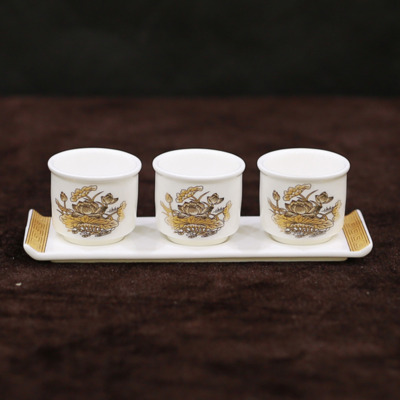 Chén Nước Bộ 3, Sứ Trắng Hoa Sen Vàng