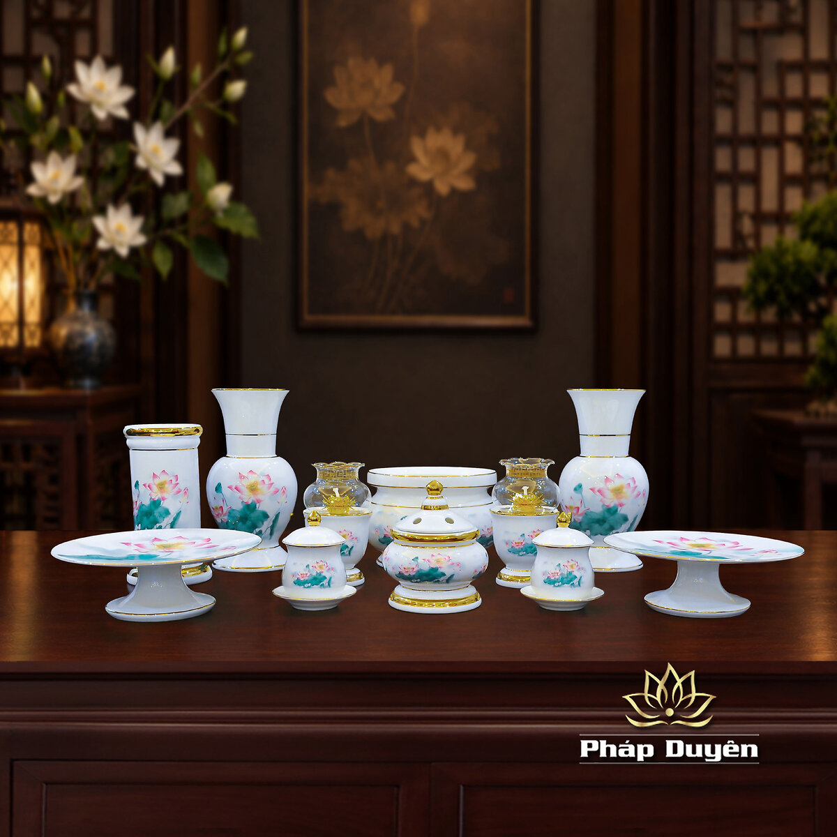 Bộ Thờ Sứ Trắng Hoa Sen Hồng Lá Xanh, Nhiều Kích Cỡ - ảnh 5