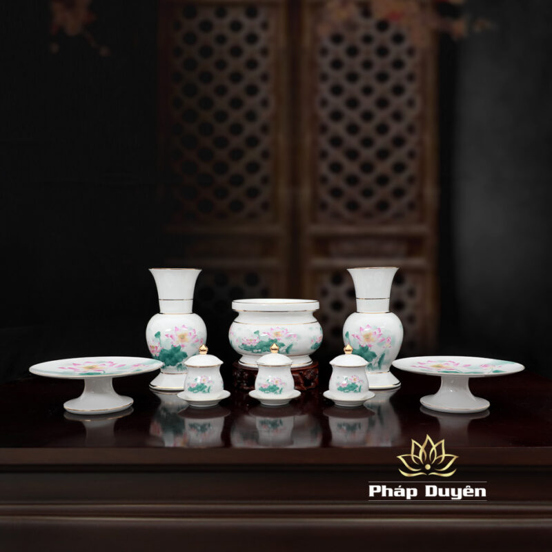Lọ Hoa Sứ Trắng Hoa Sen Hồng Lá Xanh, Nhiều Kích Cỡ - Ảnh 6