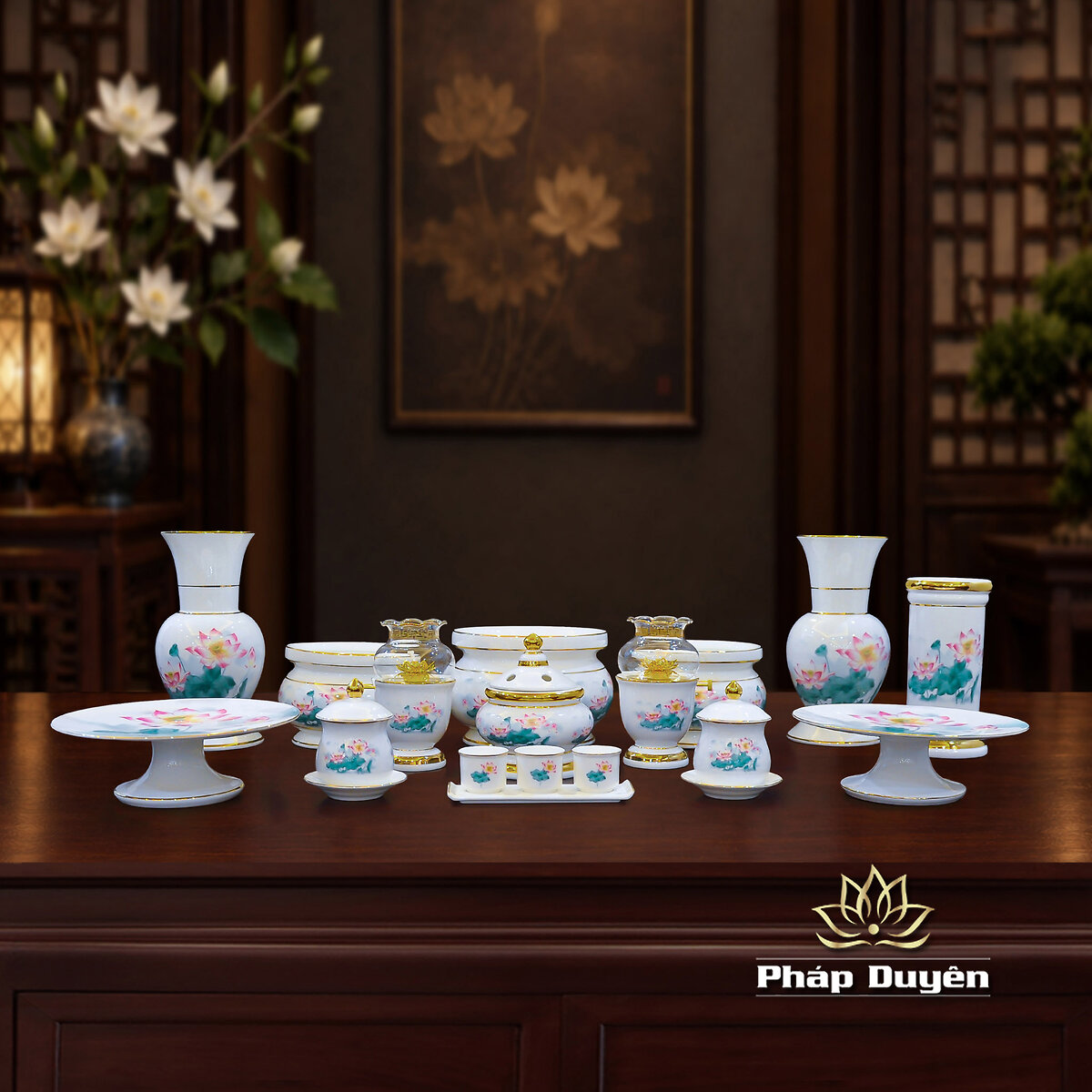 Bộ Thờ Sứ Trắng Hoa Sen Hồng Lá Xanh, Nhiều Kích Cỡ - ảnh 6