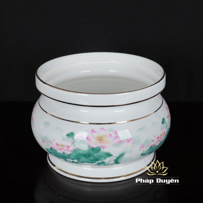 Bát Hương Sứ Trắng Hoa Sen Hồng Lá Xanh, Nhiều Kích Cỡ - Ảnh 3
