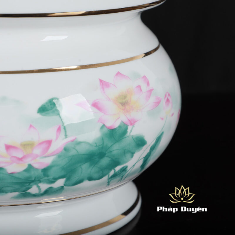Bát Hương Sứ Trắng Hoa Sen Hồng Lá Xanh, Nhiều Kích Cỡ - Ảnh 5