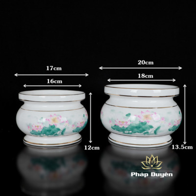 Alternative view of Bát Hương Sứ Trắng Hoa Sen Hồng Lá Xanh, Nhiều Kích Cỡ