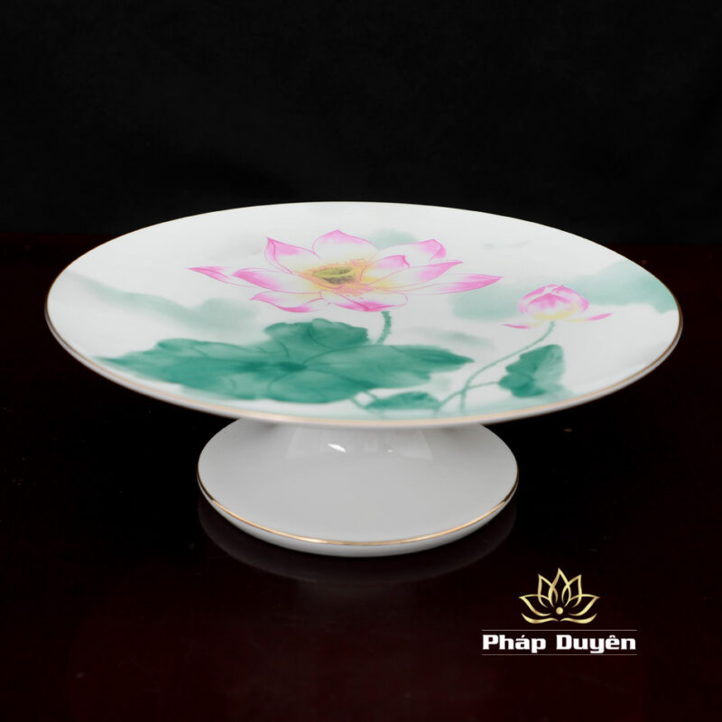 Đĩa Sứ Trắng Hoa Sen Hồng Lá Xanh, Kích Thước 23cm - Ảnh 3