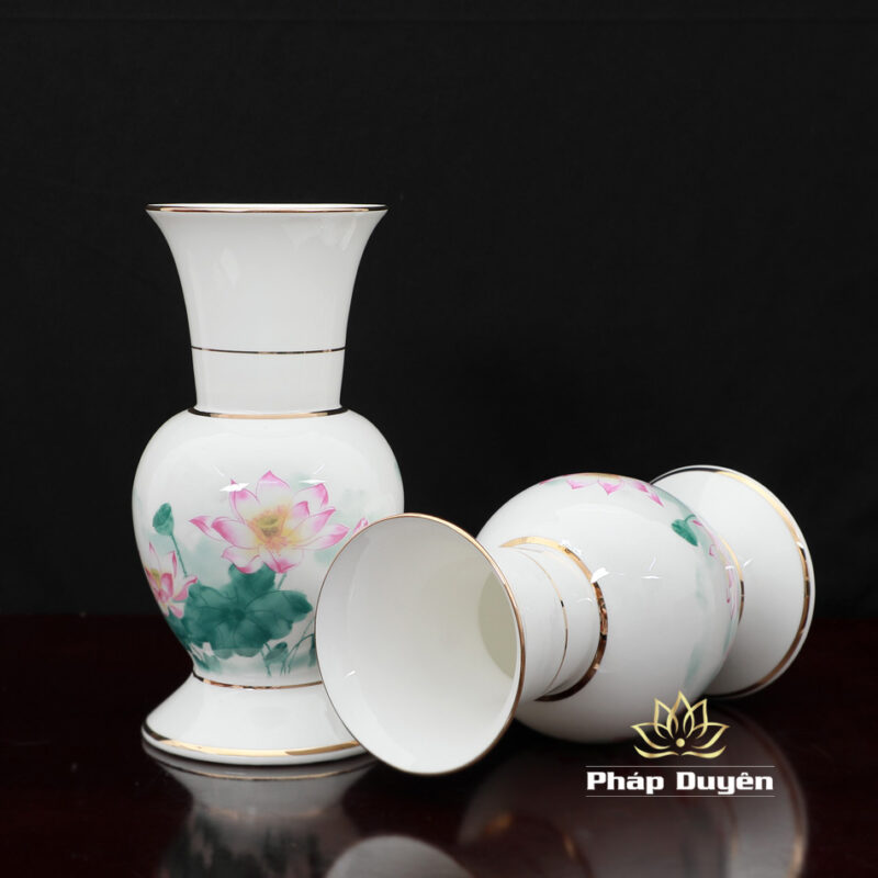 Lọ Hoa Sứ Trắng Hoa Sen Hồng Lá Xanh, Nhiều Kích Cỡ - Ảnh 2