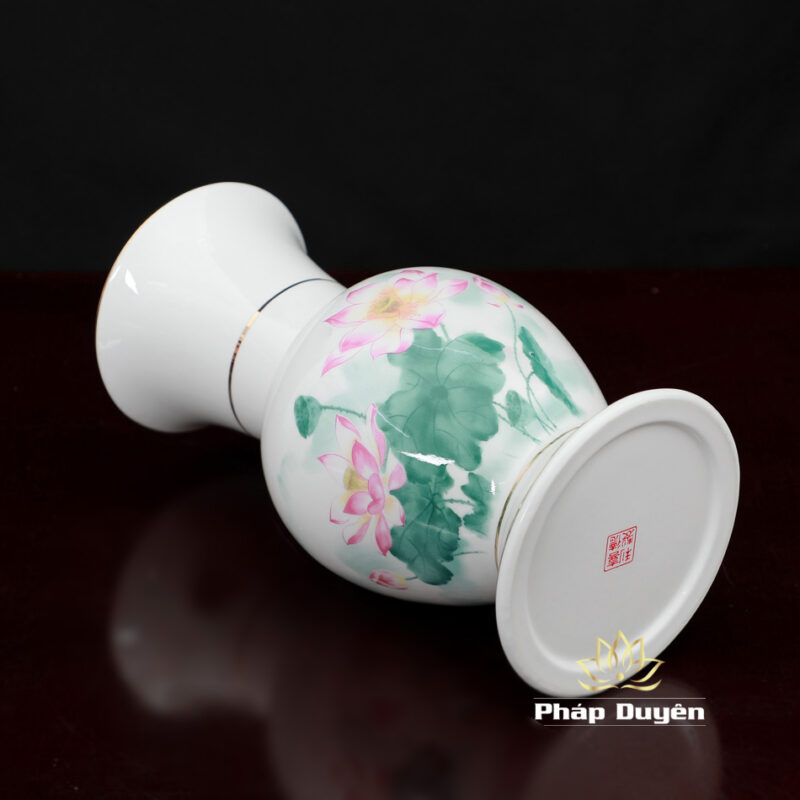 Lọ Hoa Sứ Trắng Hoa Sen Hồng Lá Xanh, Nhiều Kích Cỡ - Ảnh 3