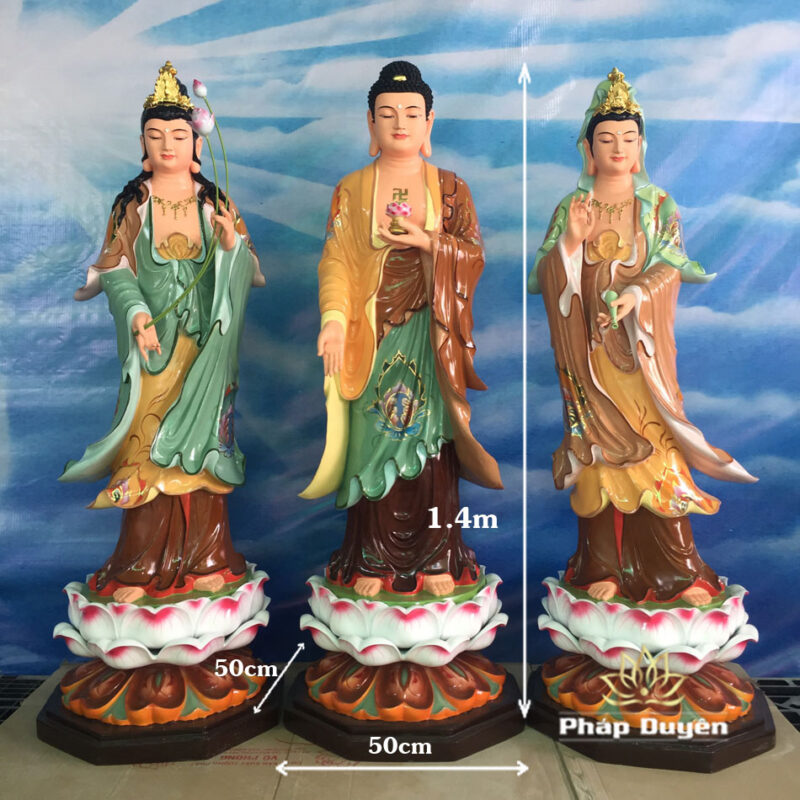 Tượng Tây Phương Tam Thánh Đứng Sơn Mầu Cổ, Sen Trắng Hồng, Chất Liệu Composite, Cao 140cm - Ảnh 11