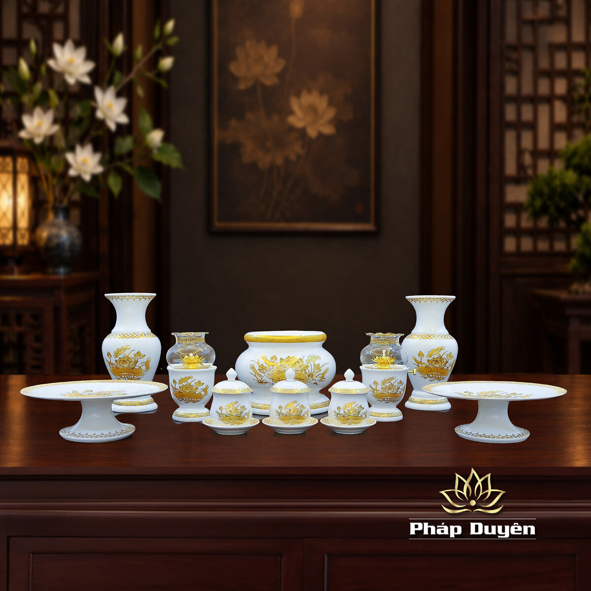 Bộ Đồ Thờ Sứ Trắng Hoa Sen Vàng - ảnh 5