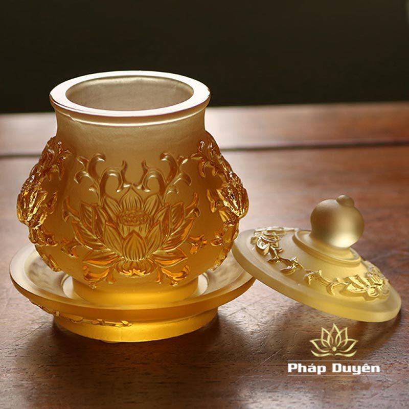 Chén Nước Thờ Lưu Ly Mầu Vàng, Cao 9cm | 10.3cm - Ảnh 3