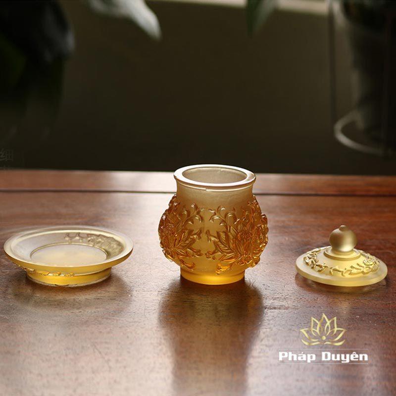 Chén Nước Thờ Lưu Ly Mầu Vàng, Cao 9cm | 10.3cm - Ảnh 5