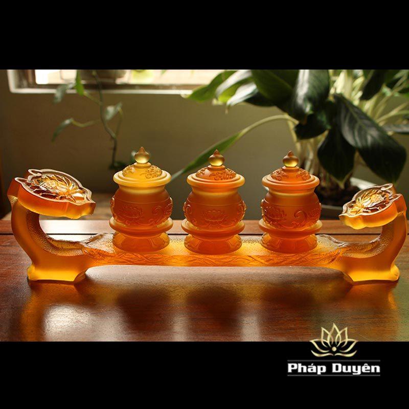 Đế Như Ý Đặt Chén Nước Thờ Bằng Lưu Ly Mầu Vàng, Dài 36cm - Ảnh 2