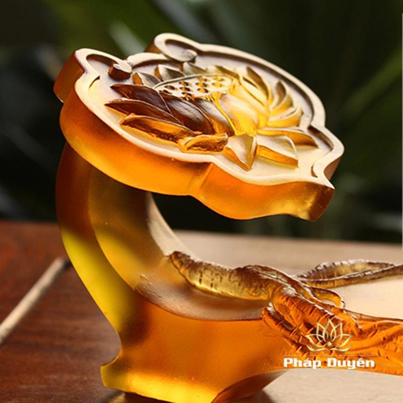 Đế Như Ý Đặt Chén Nước Thờ Bằng Lưu Ly Mầu Vàng, Dài 36cm - Ảnh 4