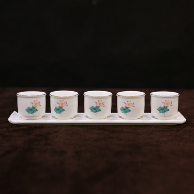 Bộ 5 Chén Sứ Trắng Hoa Sen Hồng Lá Xanh