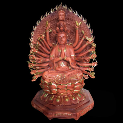 Tượng Thiên Thủ Thiên Nhãn (Nghìn Tay Nghìn Mắt) Ngồi, Composit Giả Gỗ Dát Vàng, Cao 87cm