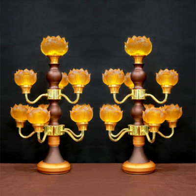 Đôi Đèn Hoa Sen Thủy Lưu Ly Thân Nâu Cổ, 9 Bông, Cao 48cm