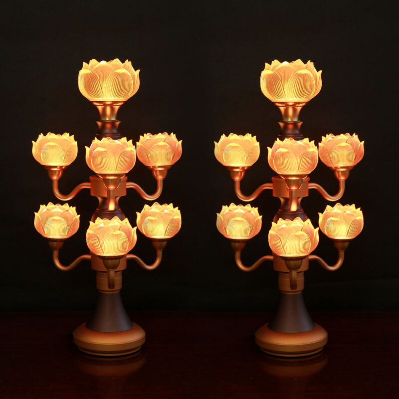 Đôi Đèn Hoa Sen Thủy Lưu Ly Thân Nâu Cổ, 7 Bông, Cao 48cm - Ảnh 2