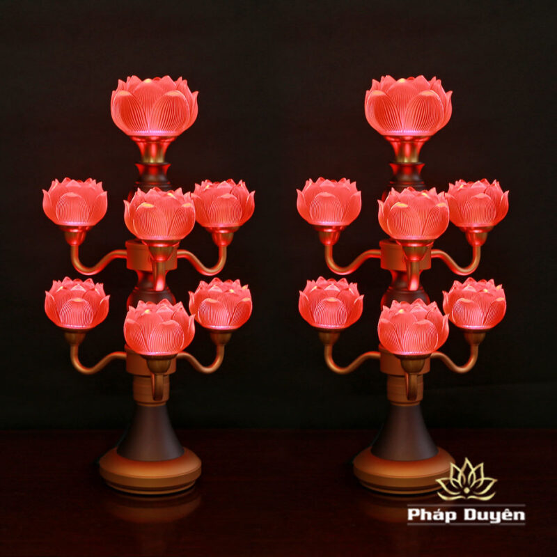 Đôi Đèn Hoa Sen Thủy Lưu Ly Thân Nâu Cổ, 7 Bông, Cao 48cm - Ảnh 3