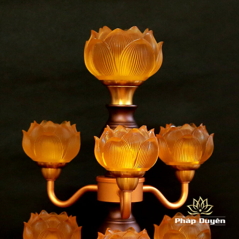 Đôi Đèn Hoa Sen Thủy Lưu Ly Thân Nâu Cổ, 7 Bông, Cao 48cm - Ảnh 8