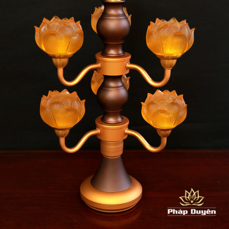 Đôi Đèn Hoa Sen Thủy Lưu Ly Thân Nâu Cổ, 7 Bông, Cao 48cm - Ảnh 10