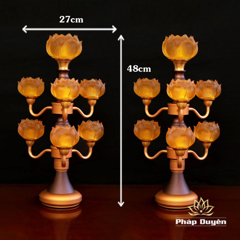 Đôi Đèn Hoa Sen Thủy Lưu Ly Thân Nâu Cổ, 7 Bông, Cao 48cm - Ảnh 11