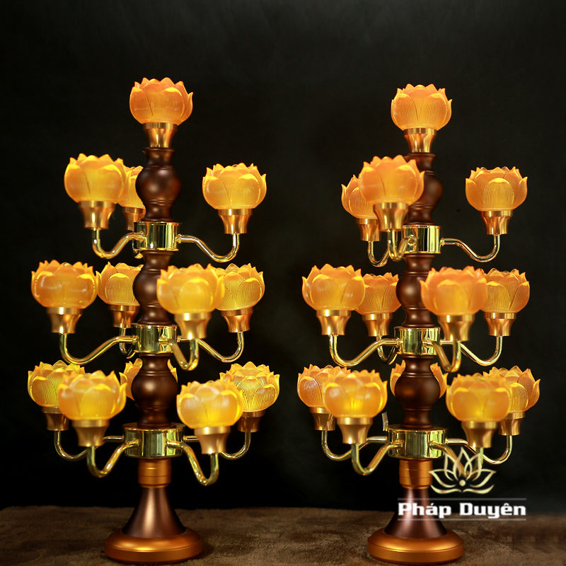 Đôi Đèn Sen Thủy Lưu Ly Thân Nâu Cổ, 13 Bông, Cao 60cm - Ảnh 4