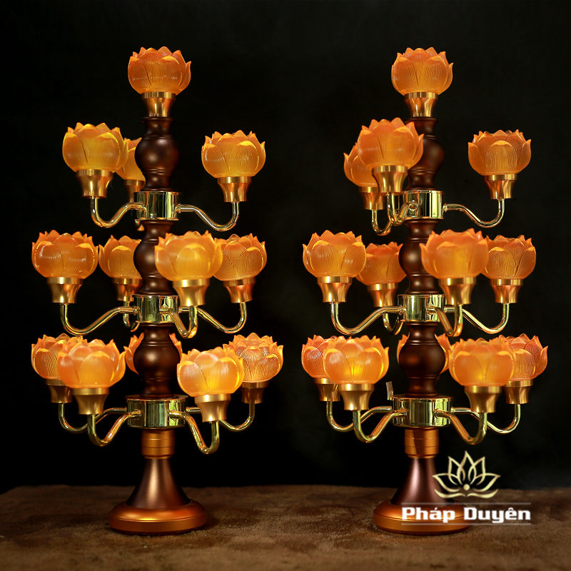 Đôi Đèn Sen Thủy Lưu Ly Thân Nâu Cổ, 13 Bông, Cao 60cm - Ảnh 3