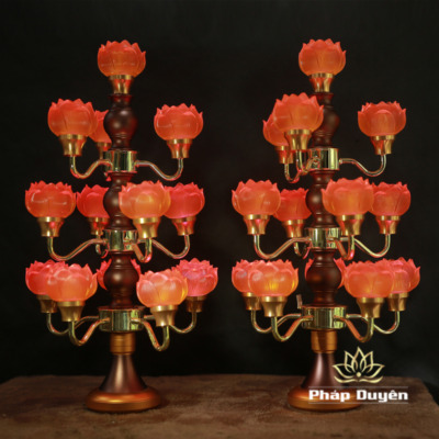 Alternative view of Đôi Đèn Sen Thủy Lưu Ly Thân Nâu Cổ, 13 Bông, Cao 60cm