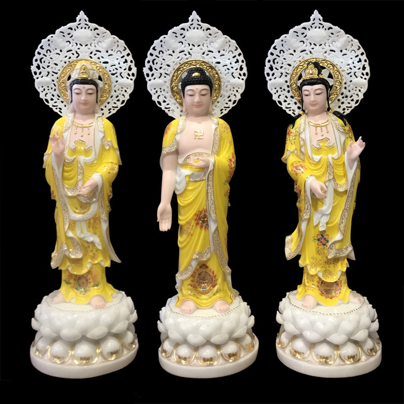 Bộ Tượng Tây Phương Tam Thánh Đứng, Bột Đá Vàng Hoa 3D, Cao 66cm (Có Hào Quang)