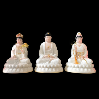 Bộ Tượng Tây Phương Tam Thánh Ngồi, Bột Đá Ngọc Hán Bạch, Cao 48cm