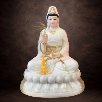 Tượng Mẹ Quan Thế Âm Ngồi, Bột Đá Ngọc Hán Bạch, Cao 48cm