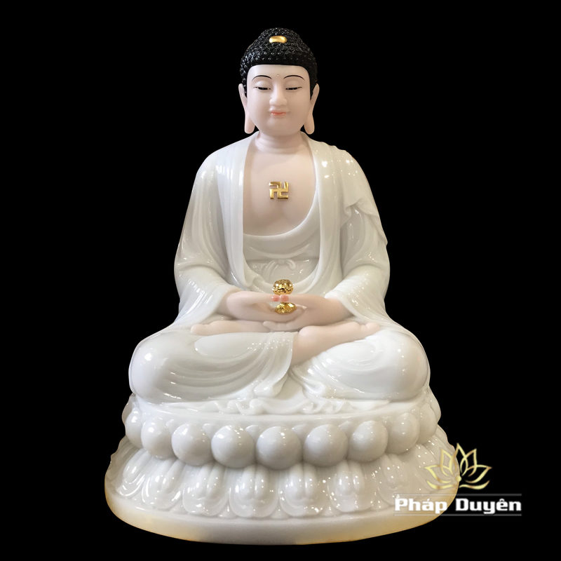 Bộ Tượng Tây Phương Tam Thánh Ngồi, Bột Đá Ngọc Hán Bạch, Cao 48cm - Ảnh 4