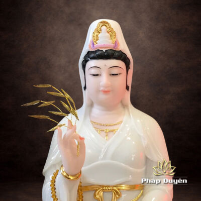 Ảnh chi tiết của Tượng Mẹ Quan Thế Âm Ngồi, Bột Đá Ngọc Hán Bạch, Cao 48cm